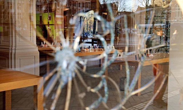 Bullet impact on Apple Store window
